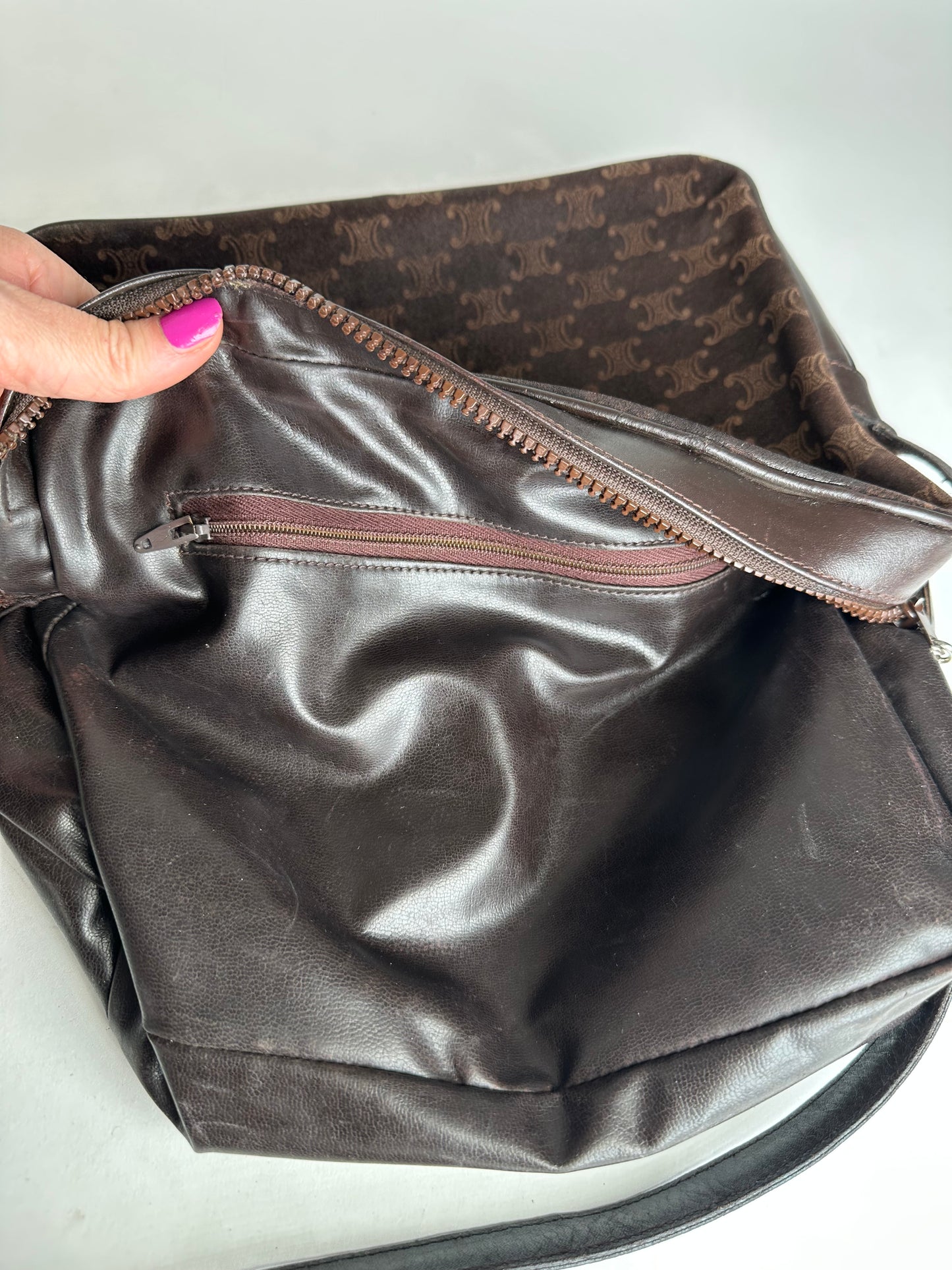 Vintage Celine Paris Triomphe Monogram Suede Shoulder Bag Brown