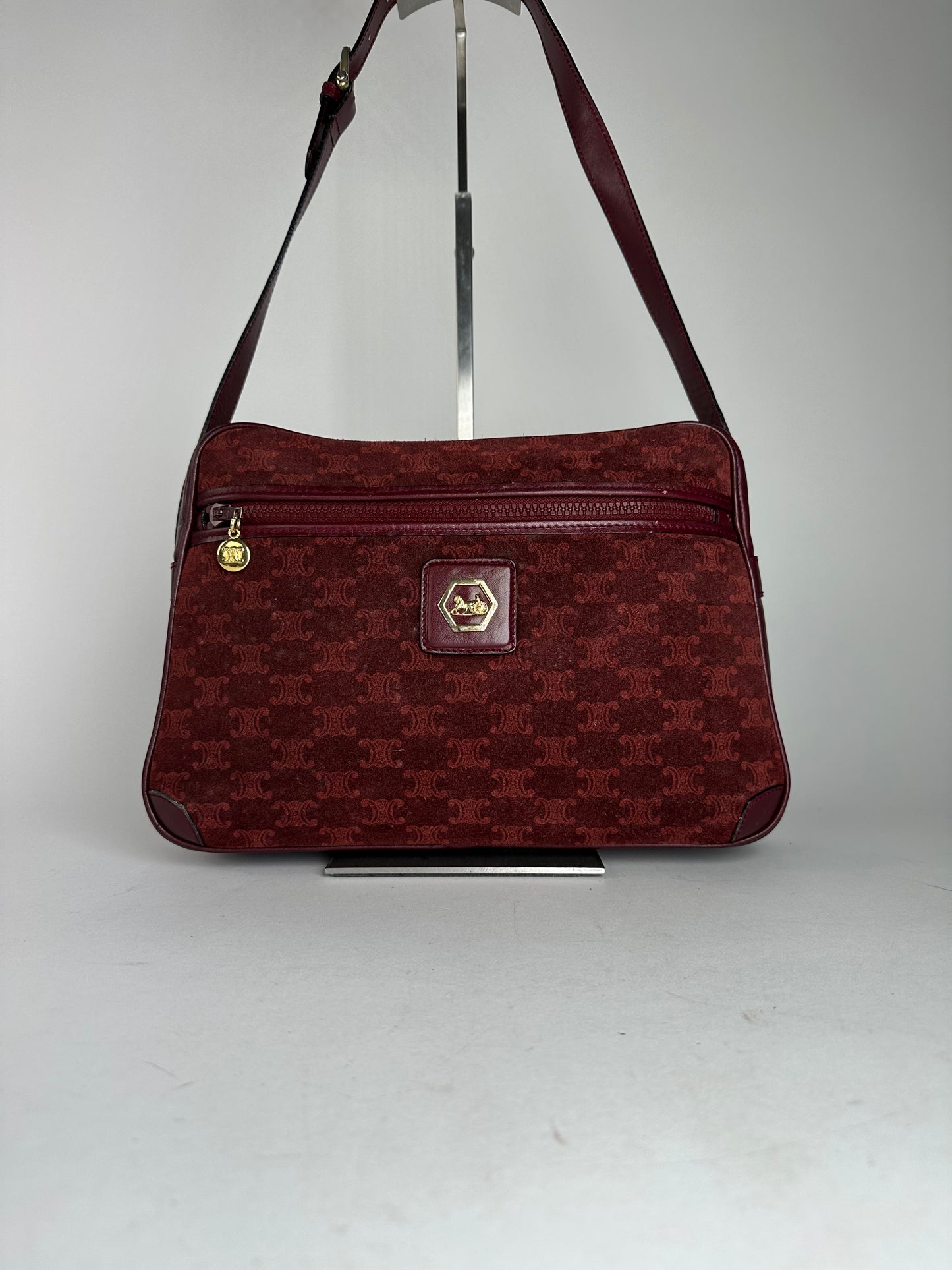 Vintage Celine Paris Triomphe Monogram 70s Suede Shoulder Bag Burgundy