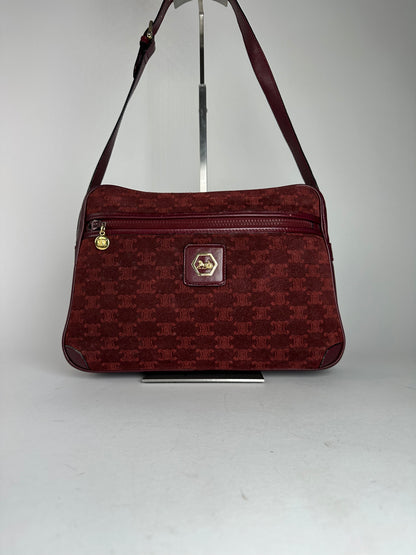 Vintage Celine Paris Triomphe Monogram 70s Suede Shoulder Bag Burgundy