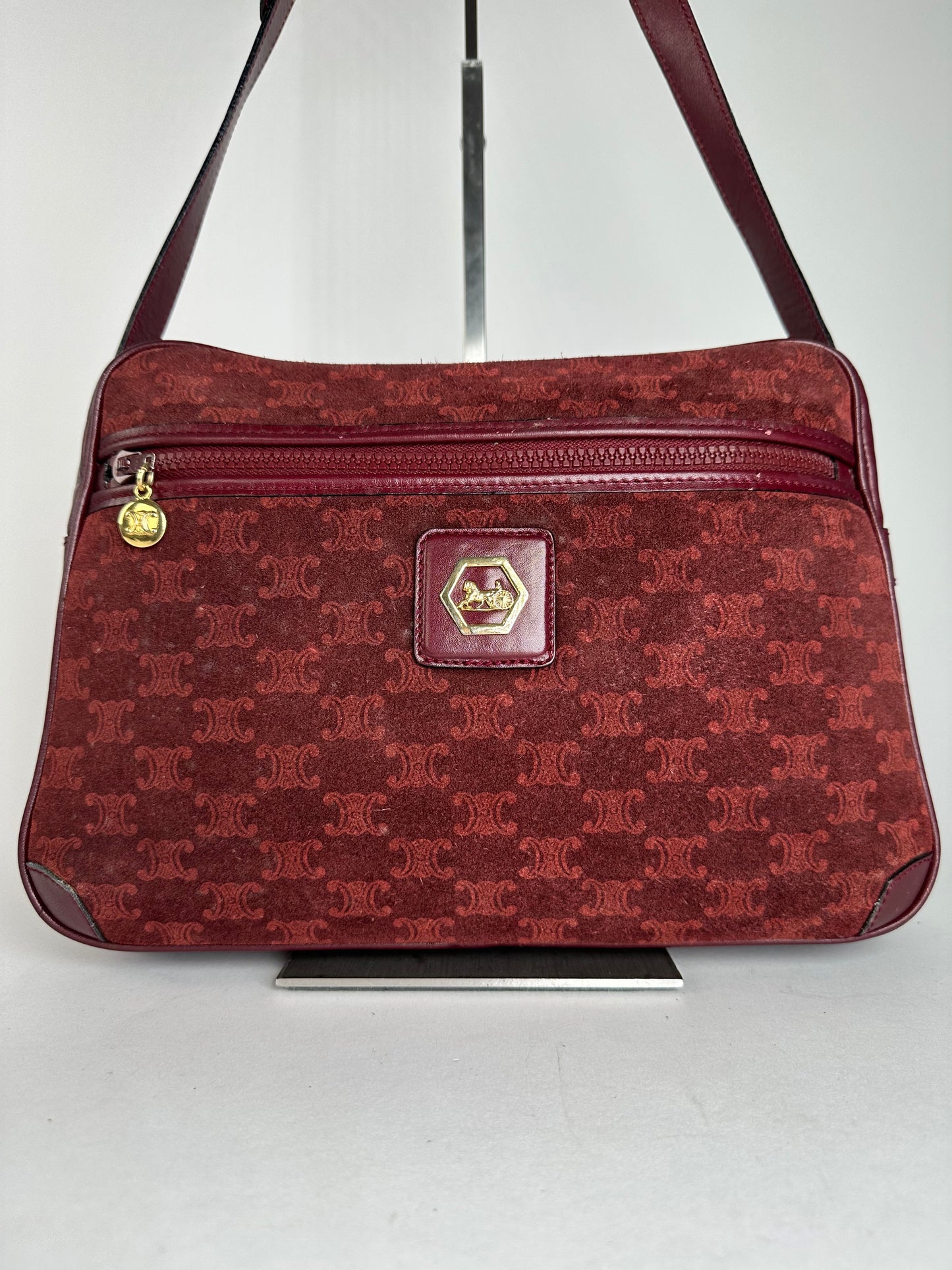 Vintage Celine Paris Triomphe Monogram 70s Suede Shoulder Bag Burgundy