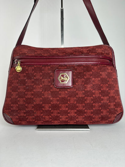 Vintage Celine Paris Triomphe Monogram 70s Suede Shoulder Bag Burgundy
