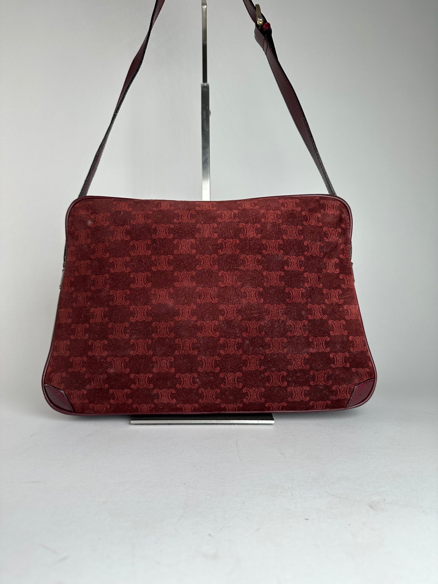 Vintage Celine Paris Triomphe Monogram 70s Suede Shoulder Bag Burgundy