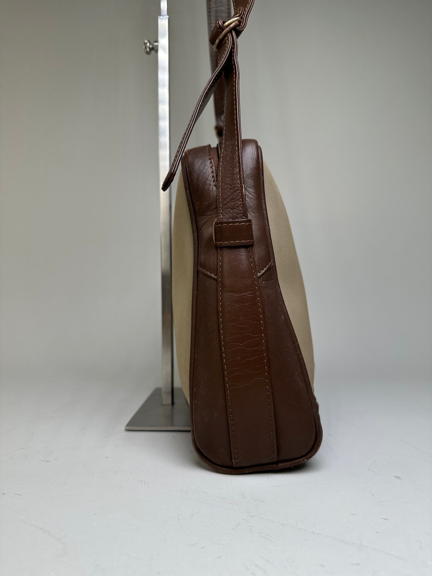 Vintage Burberry Canvas Shoulder Bag Beige Brown Gold