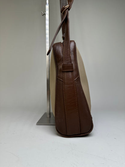 Vintage Burberry Canvas Shoulder Bag Beige Brown Gold