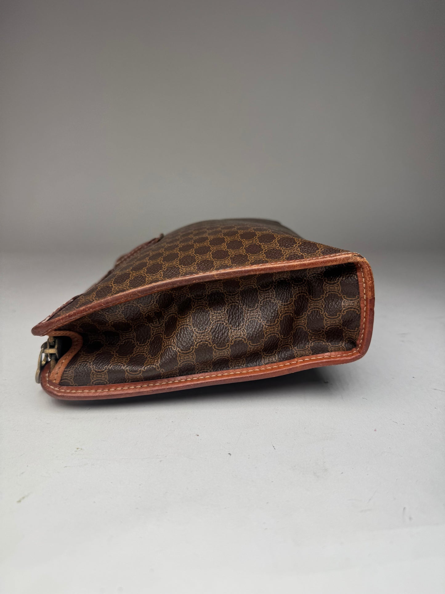 Vintage Celine Triomphe Monogram Leather Clutch Brown