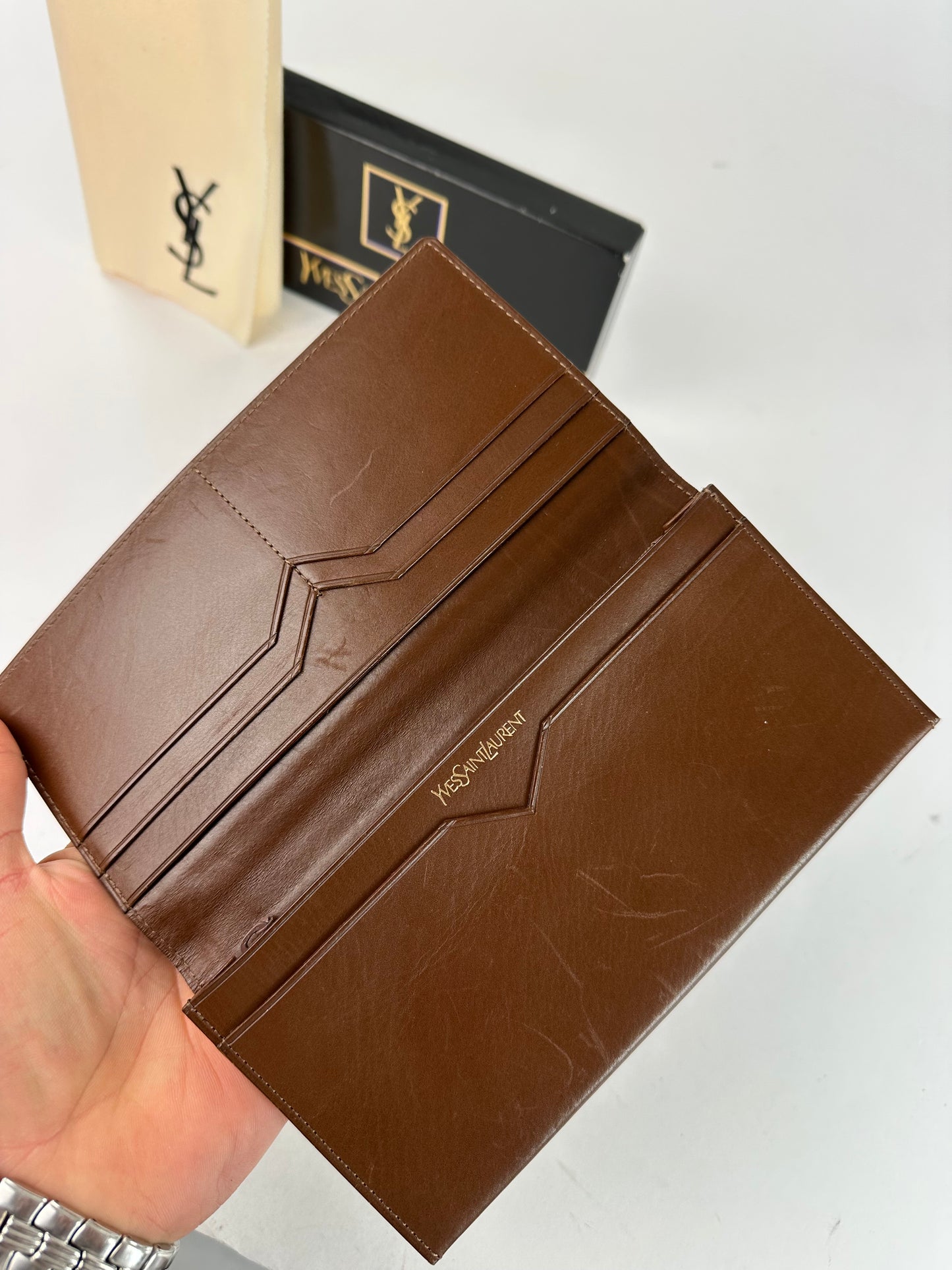 Vintage Yves Saint Laurent YSL Monogram Leather Wallet Cognac