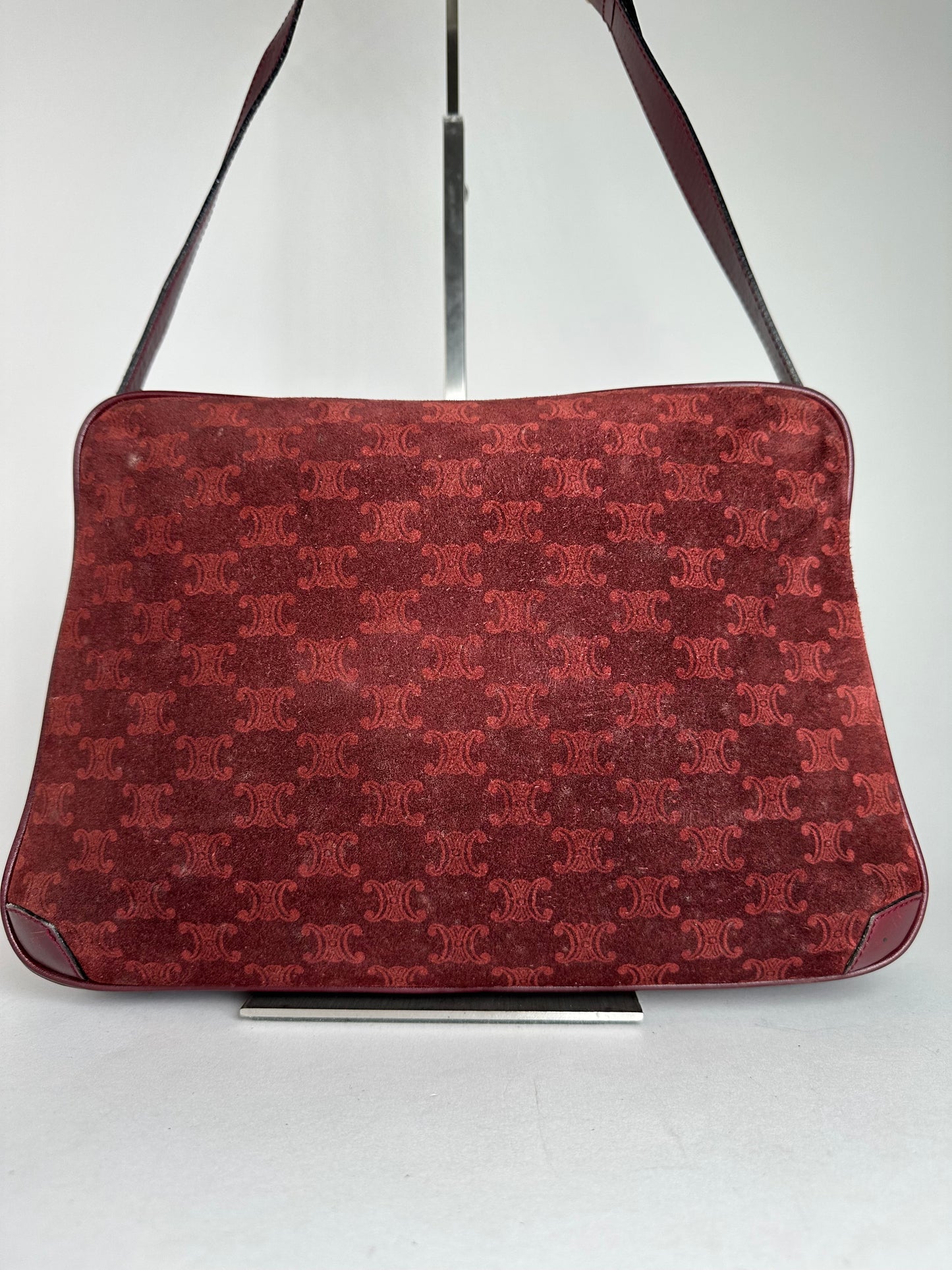 Vintage Celine Paris Triomphe Monogram 70s Suede Shoulder Bag Burgundy