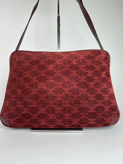 Vintage Celine Paris Triomphe Monogram 70s Suede Shoulder Bag Burgundy