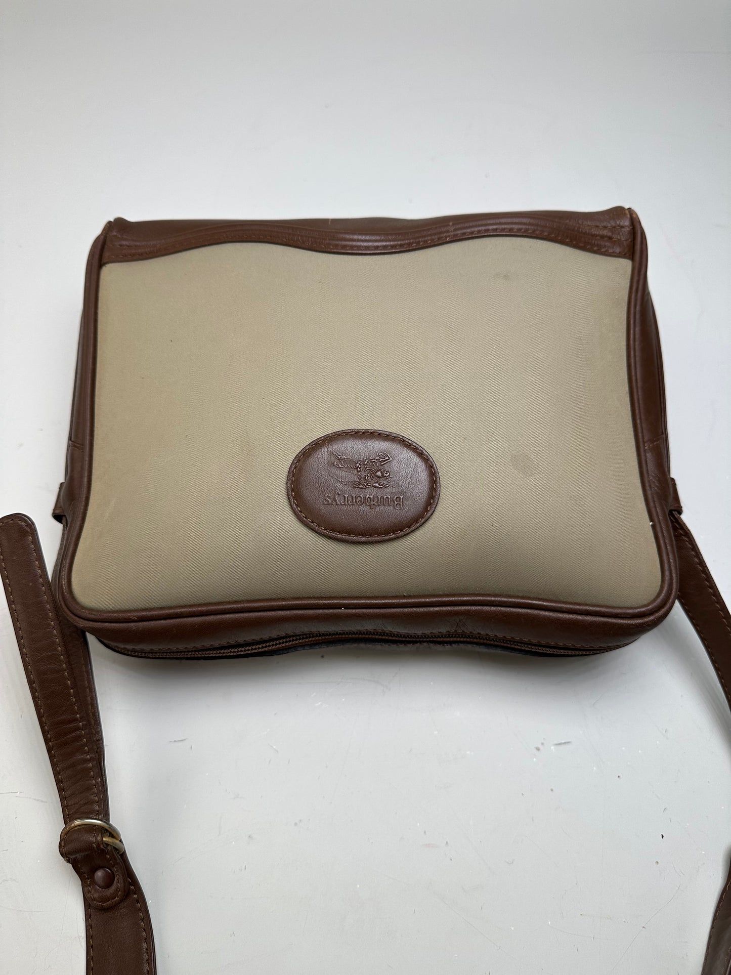 Vintage Burberry Canvas Shoulder Bag Beige Brown Gold