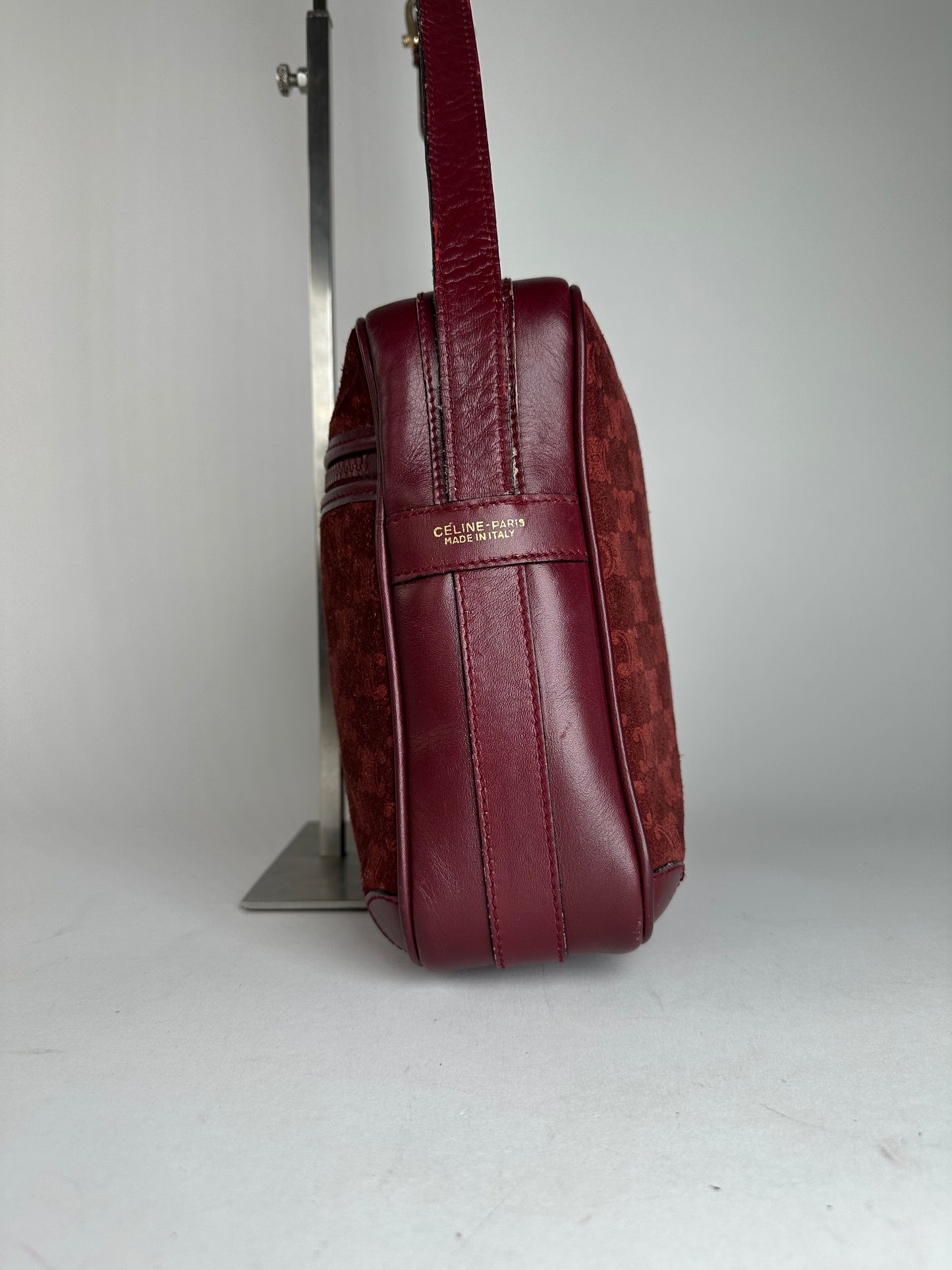 Vintage Celine Paris Triomphe Monogram 70s Suede Shoulder Bag Burgundy