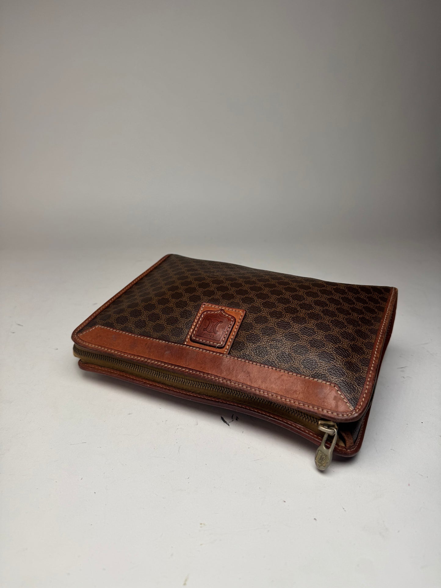 Vintage Celine Triomphe Monogram Leather Clutch Brown