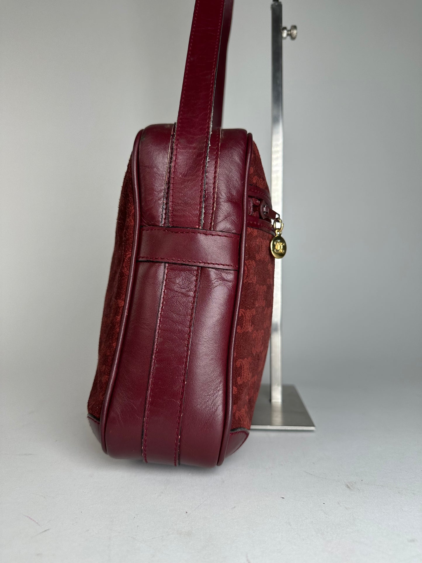 Vintage Celine Paris Triomphe Monogram 70s Suede Shoulder Bag Burgundy
