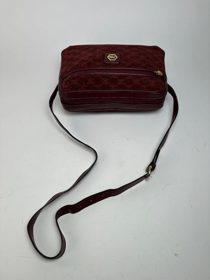 Vintage Celine Paris Triomphe Monogram 70s Suede Shoulder Bag Burgundy