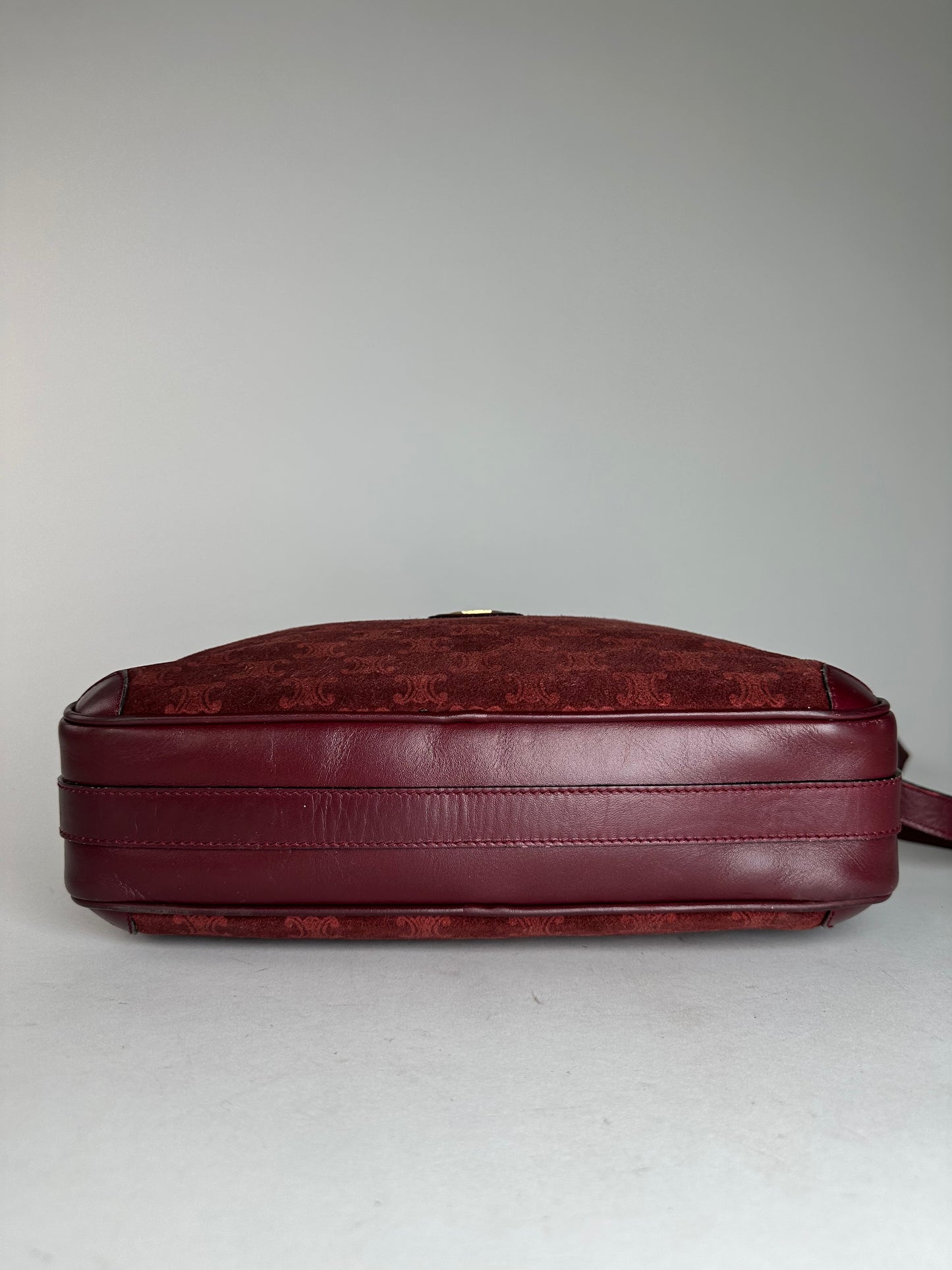 Vintage Celine Paris Triomphe Monogram 70s Suede Shoulder Bag Burgundy