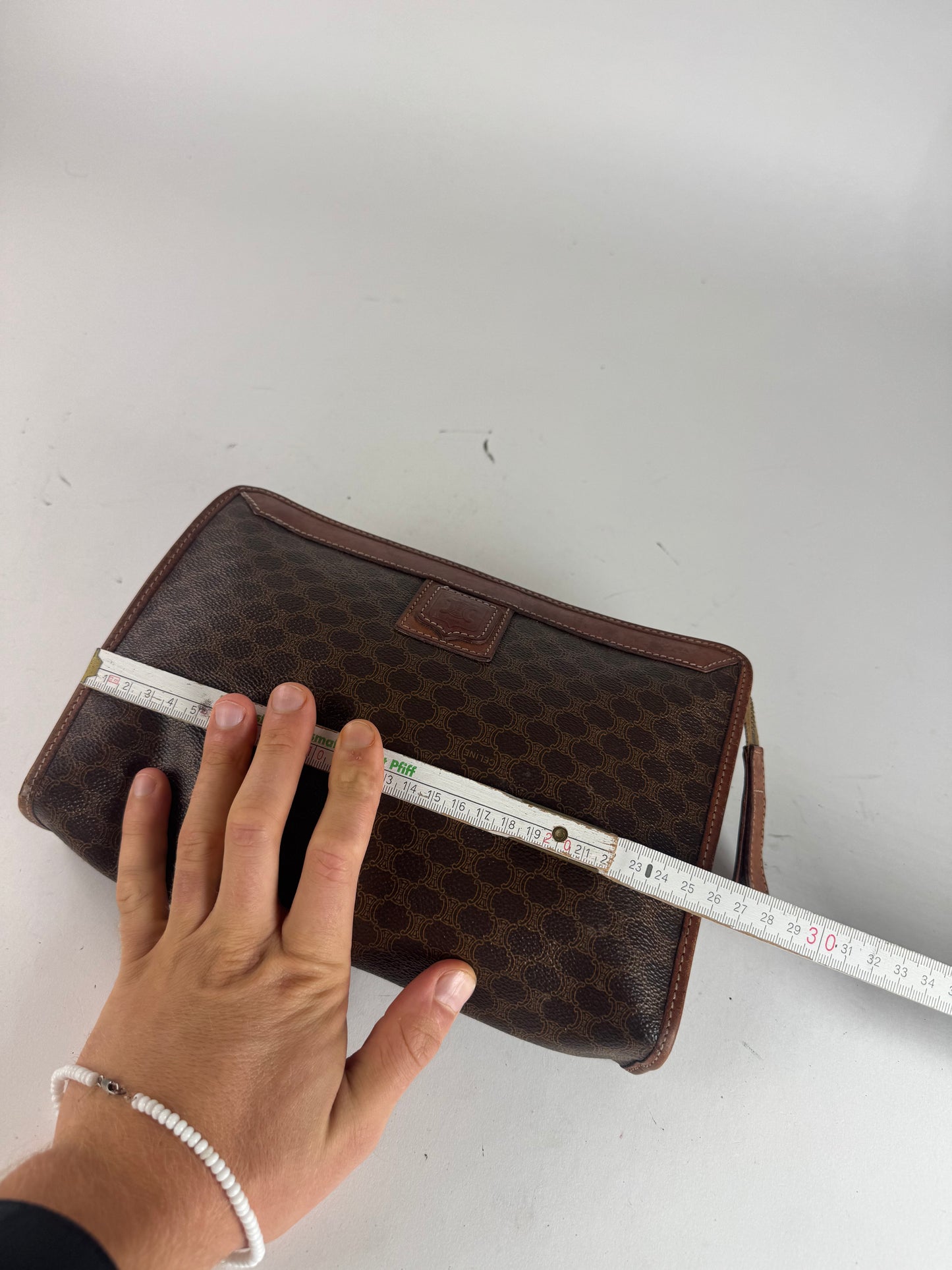Vintage Celine Triomphe Monogram Leather Clutch Brown