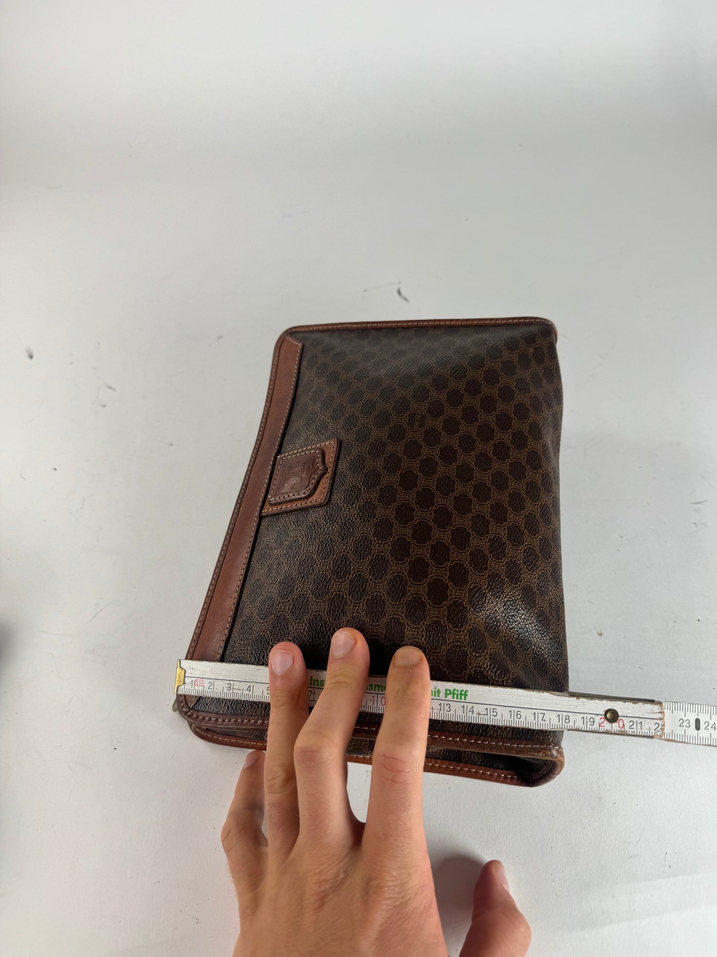 Vintage Celine Triomphe Monogram Leather Clutch Brown