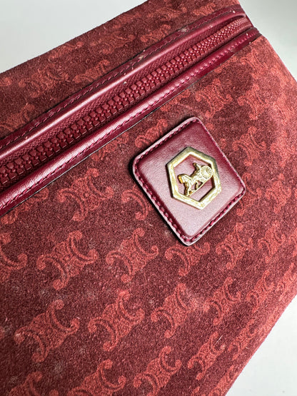 Vintage Celine Paris Triomphe Monogram 70s Suede Shoulder Bag Burgundy