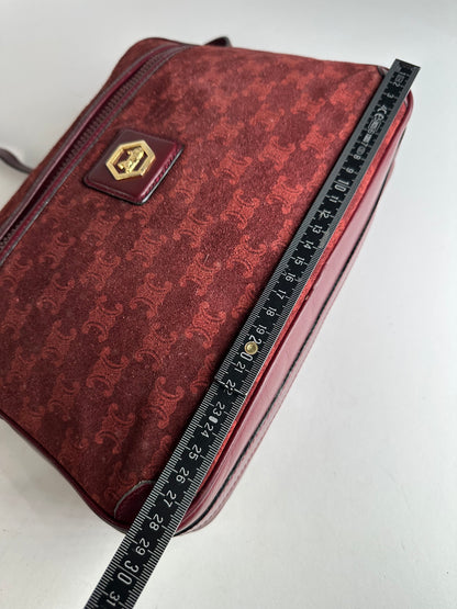 Vintage Celine Paris Triomphe Monogram 70s Suede Shoulder Bag Burgundy