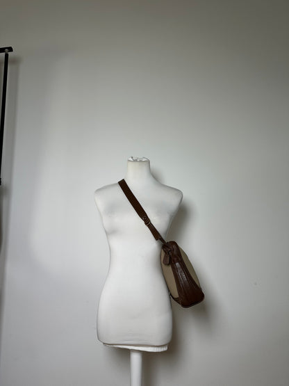 Vintage Burberry Canvas Shoulder Bag Beige Brown Gold