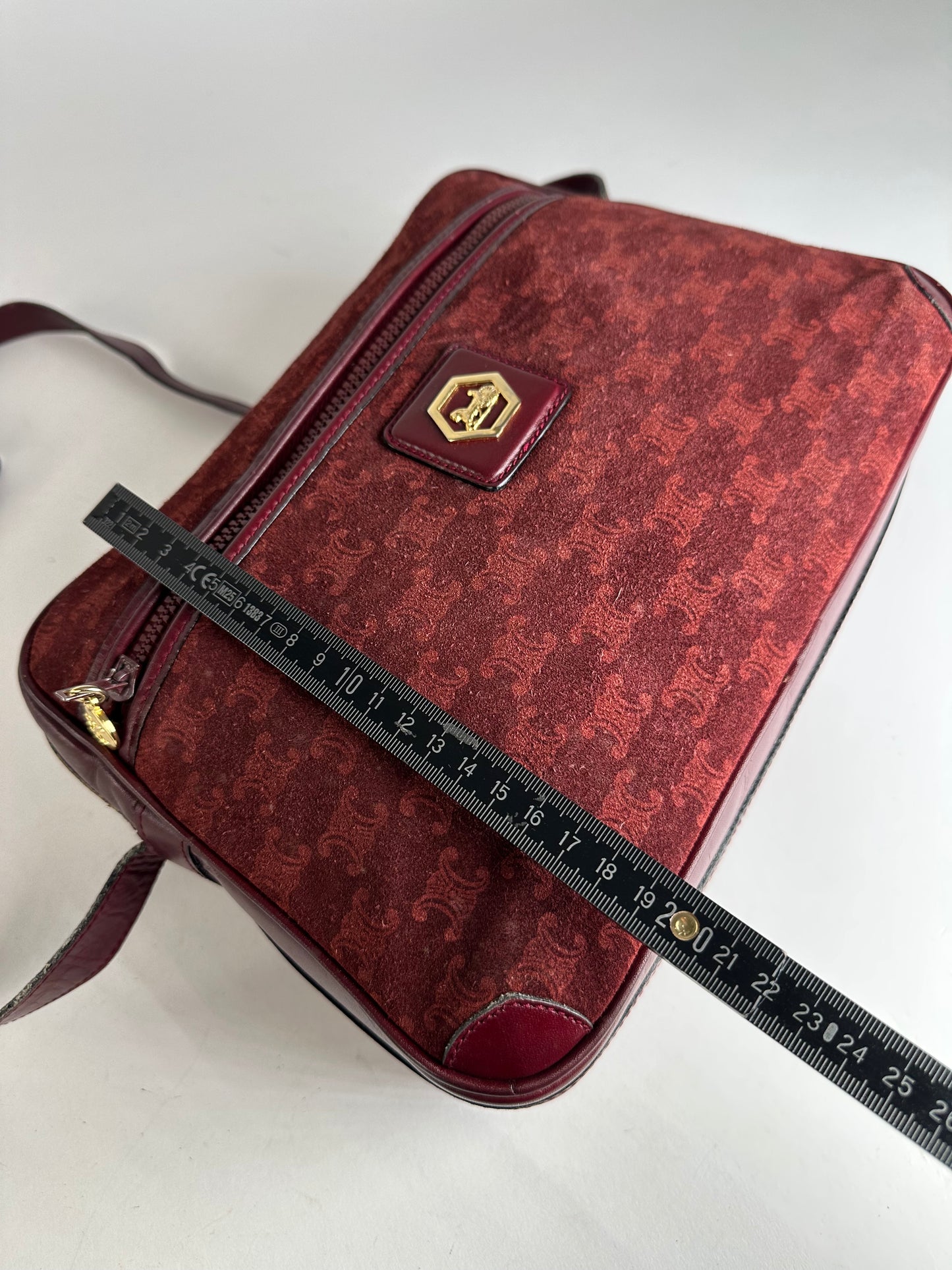 Vintage Celine Paris Triomphe Monogram 70s Suede Shoulder Bag Burgundy