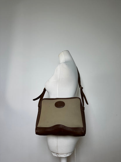 Vintage Burberry Canvas Shoulder Bag Beige Brown Gold