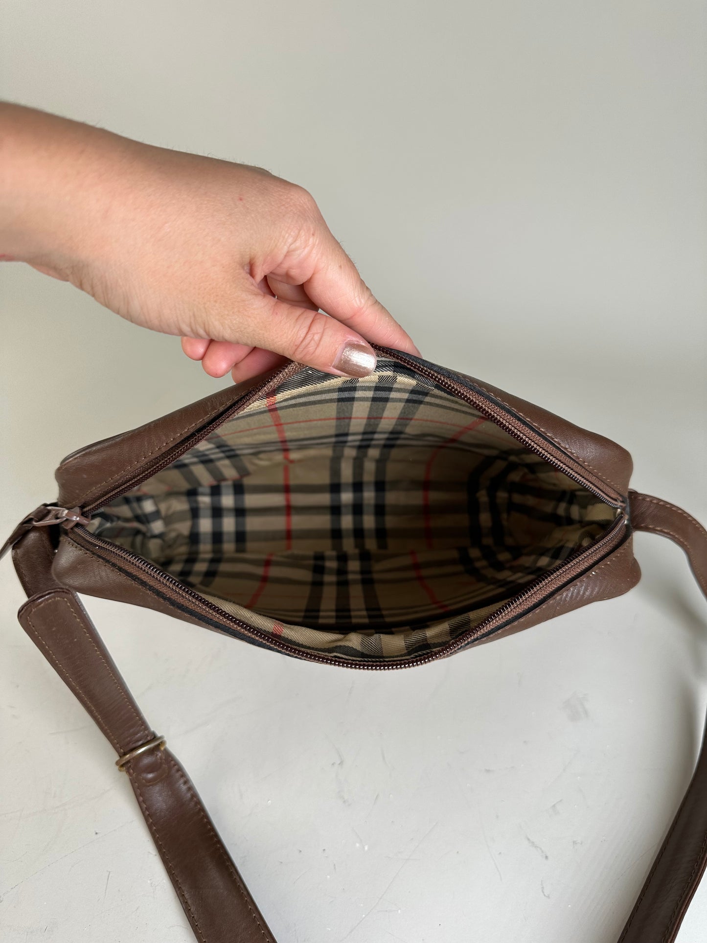 Vintage Burberry Canvas Shoulder Bag Beige Brown Gold
