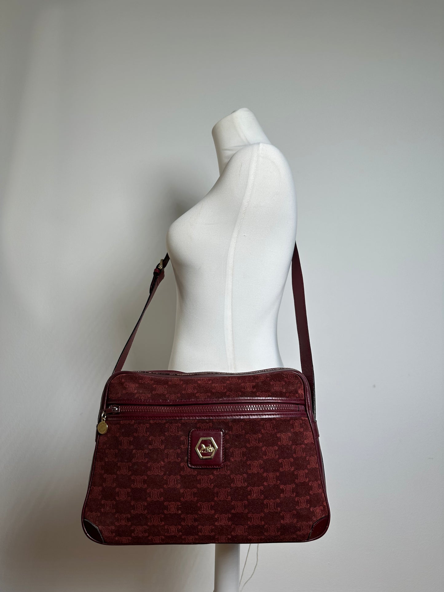 Vintage Celine Paris Triomphe Monogram 70s Suede Shoulder Bag Burgundy