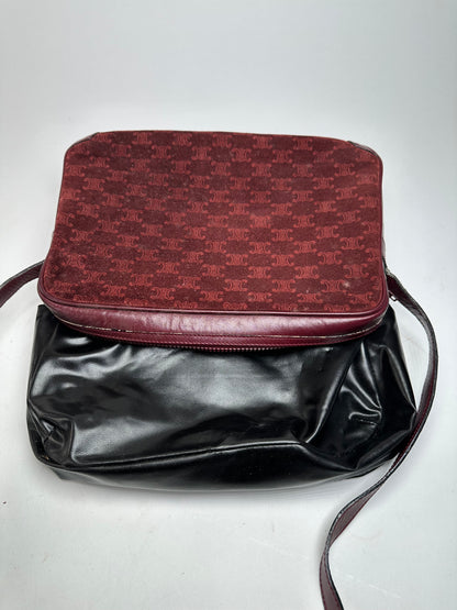 Vintage Celine Paris Triomphe Monogram 70s Suede Shoulder Bag Burgundy
