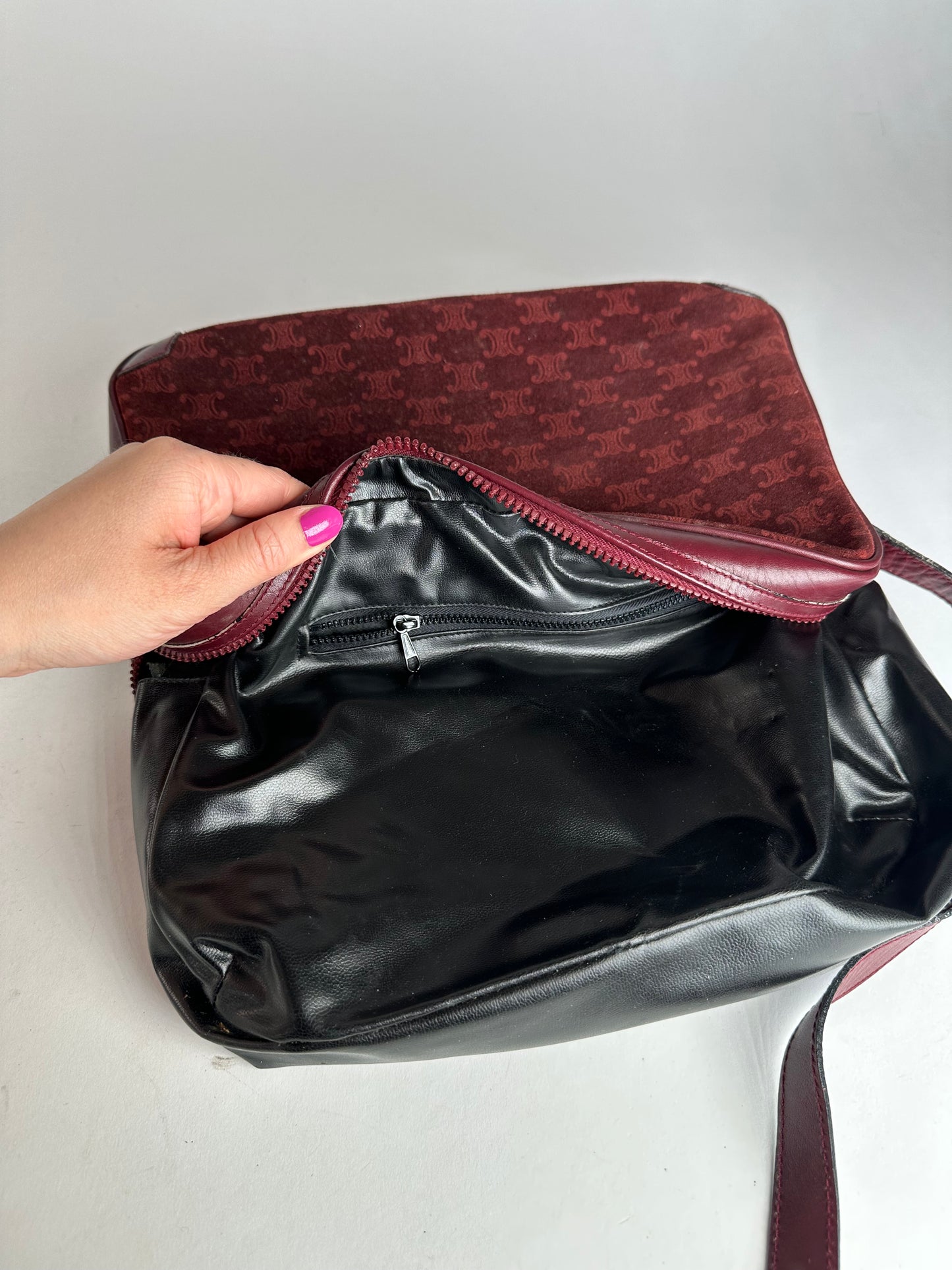 Vintage Celine Paris Triomphe Monogram 70s Suede Shoulder Bag Burgundy