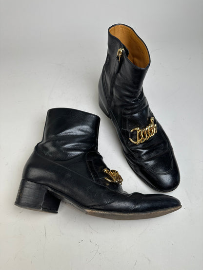 Vintage Gucci Men's Leather Ankle Boots Black Gold EU9.5