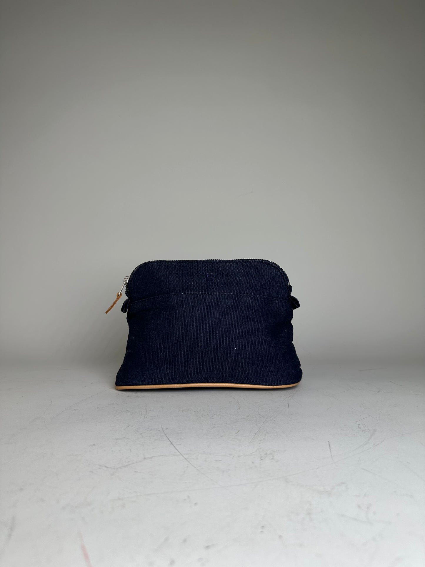 Vintage Hermes Canvas Pouch Navy Leather Trim Silver