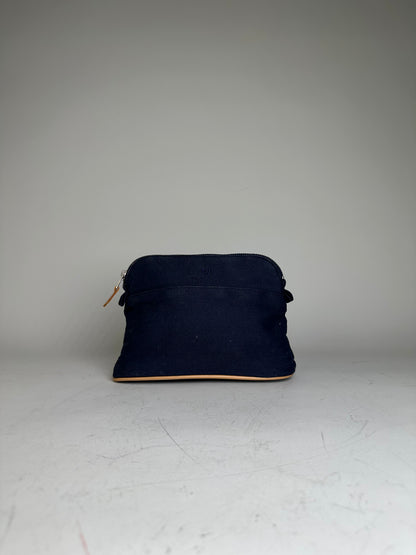 Vintage Hermes Canvas Pouch Navy Leather Trim Silver