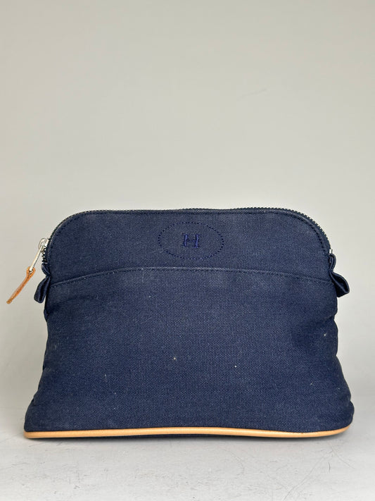Vintage Hermes Canvas Pouch Navy Leather Trim Silver