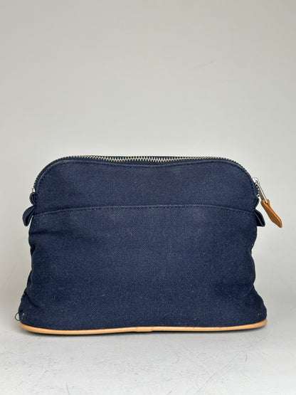 Vintage Hermes Canvas Pouch Navy Leather Trim Silver