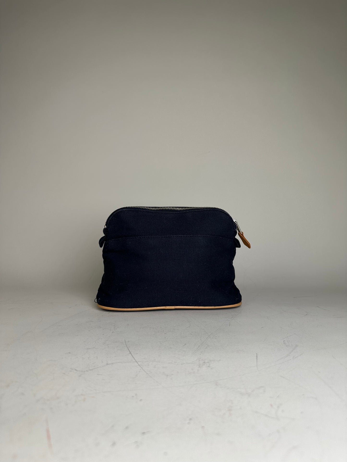 Vintage Hermes Canvas Pouch Navy Leather Trim Silver