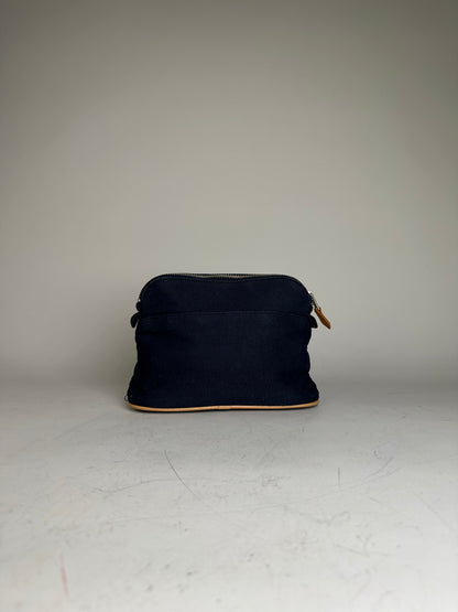 Vintage Hermes Canvas Pouch Navy Leather Trim Silver