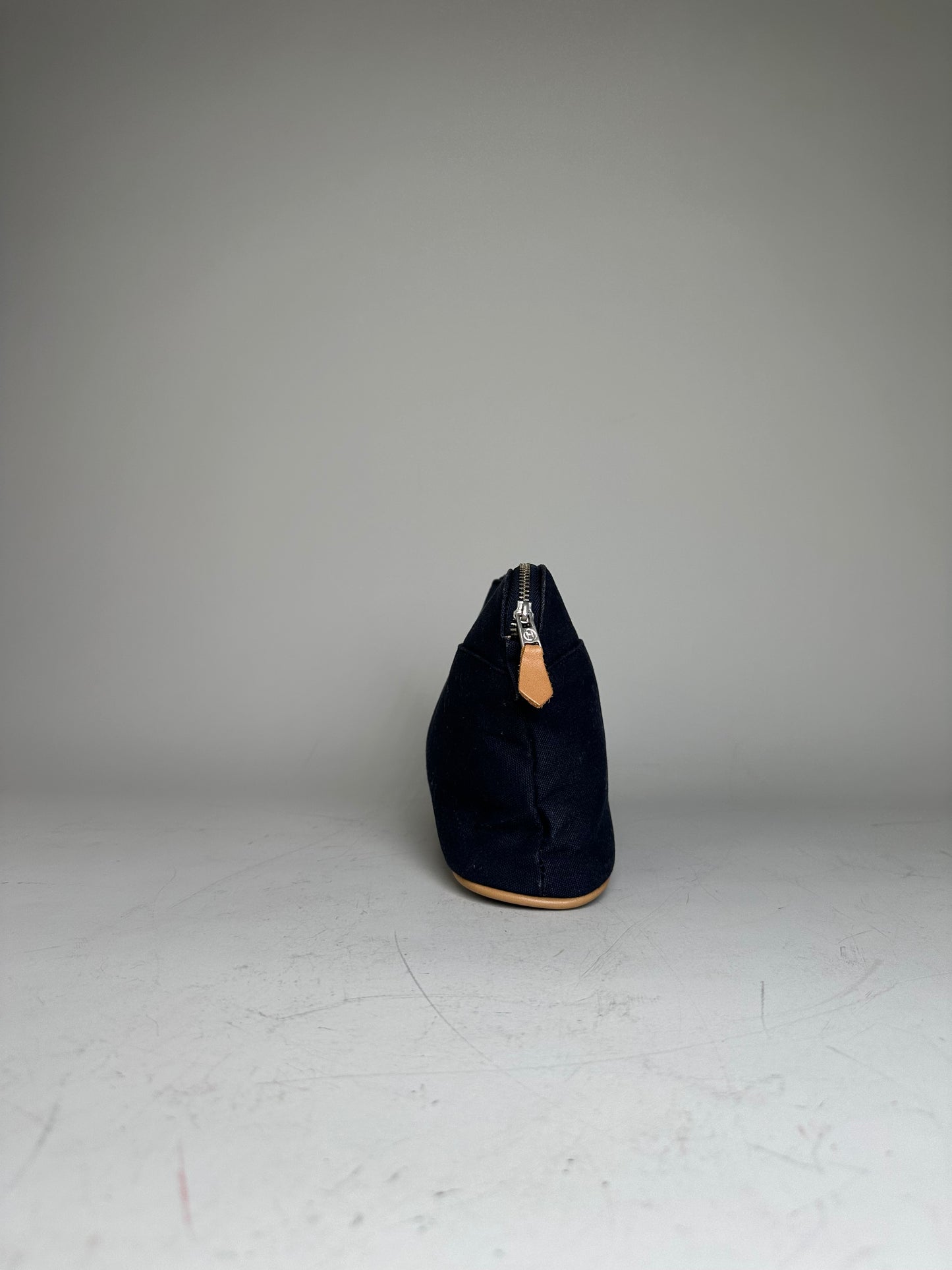 Vintage Hermes Canvas Pouch Navy Leather Trim Silver
