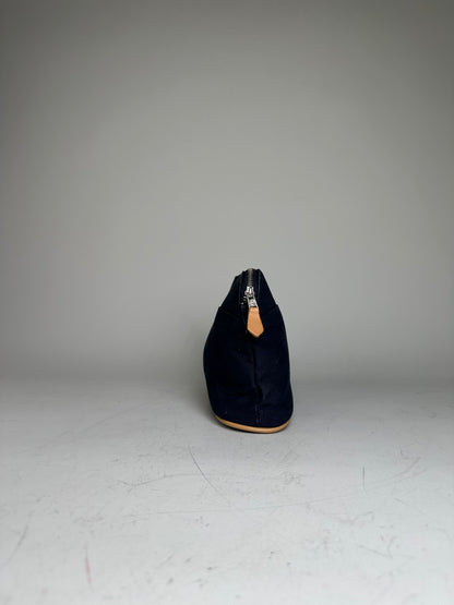 Vintage Hermes Canvas Pouch Navy Leather Trim Silver