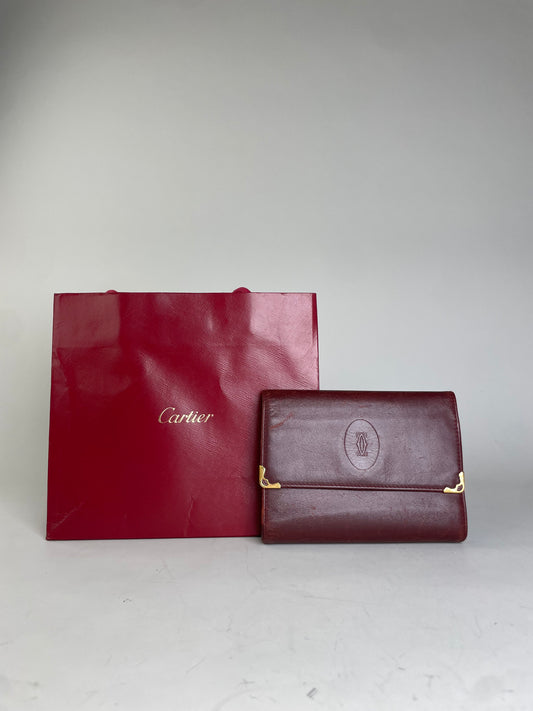 Vintage Cartier Leather Wallet Burgundy Gold Clasp
