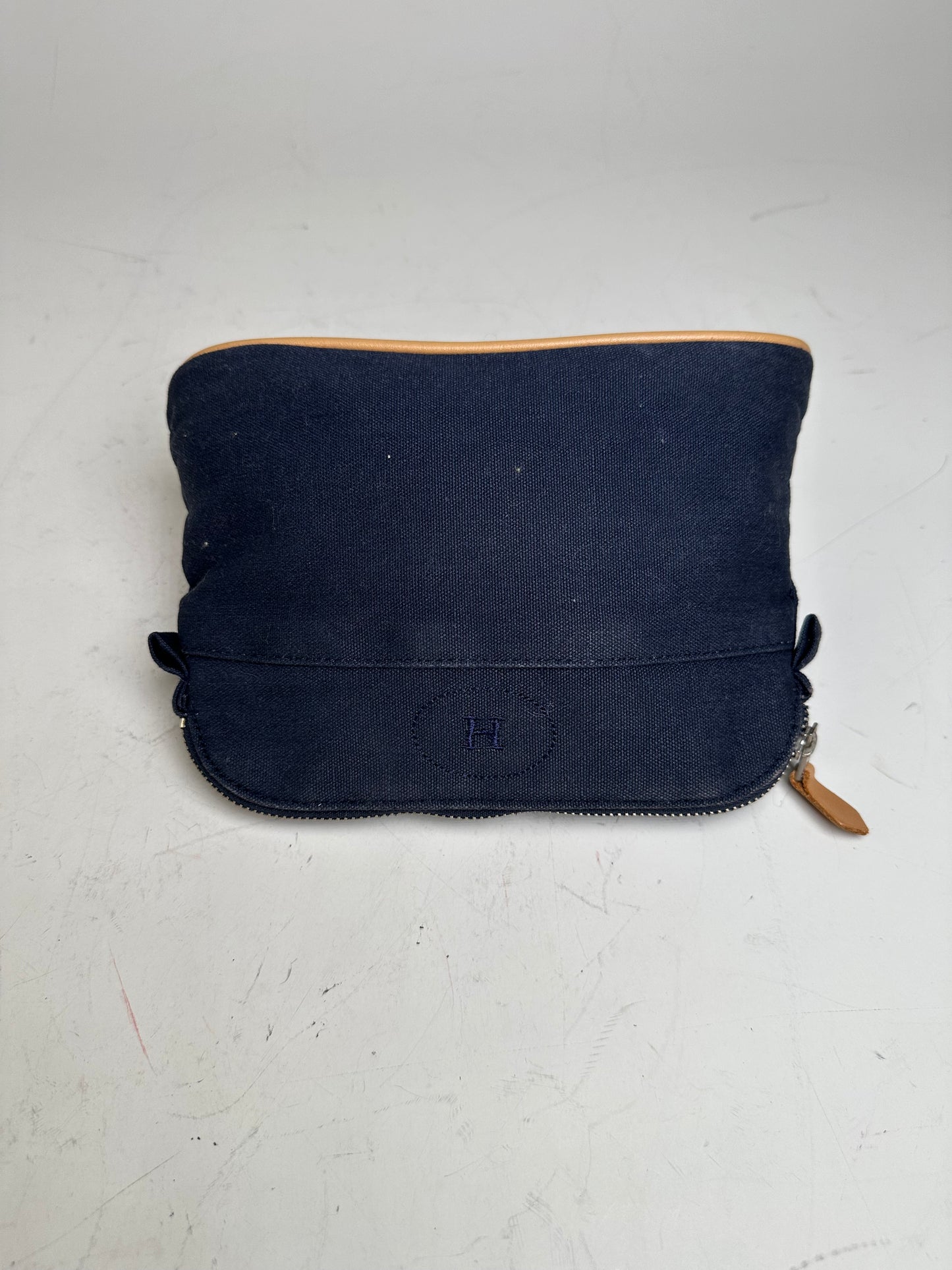Vintage Hermes Canvas Pouch Navy Leather Trim Silver