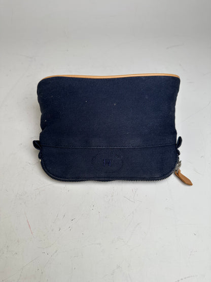 Vintage Hermes Canvas Pouch Navy Leather Trim Silver