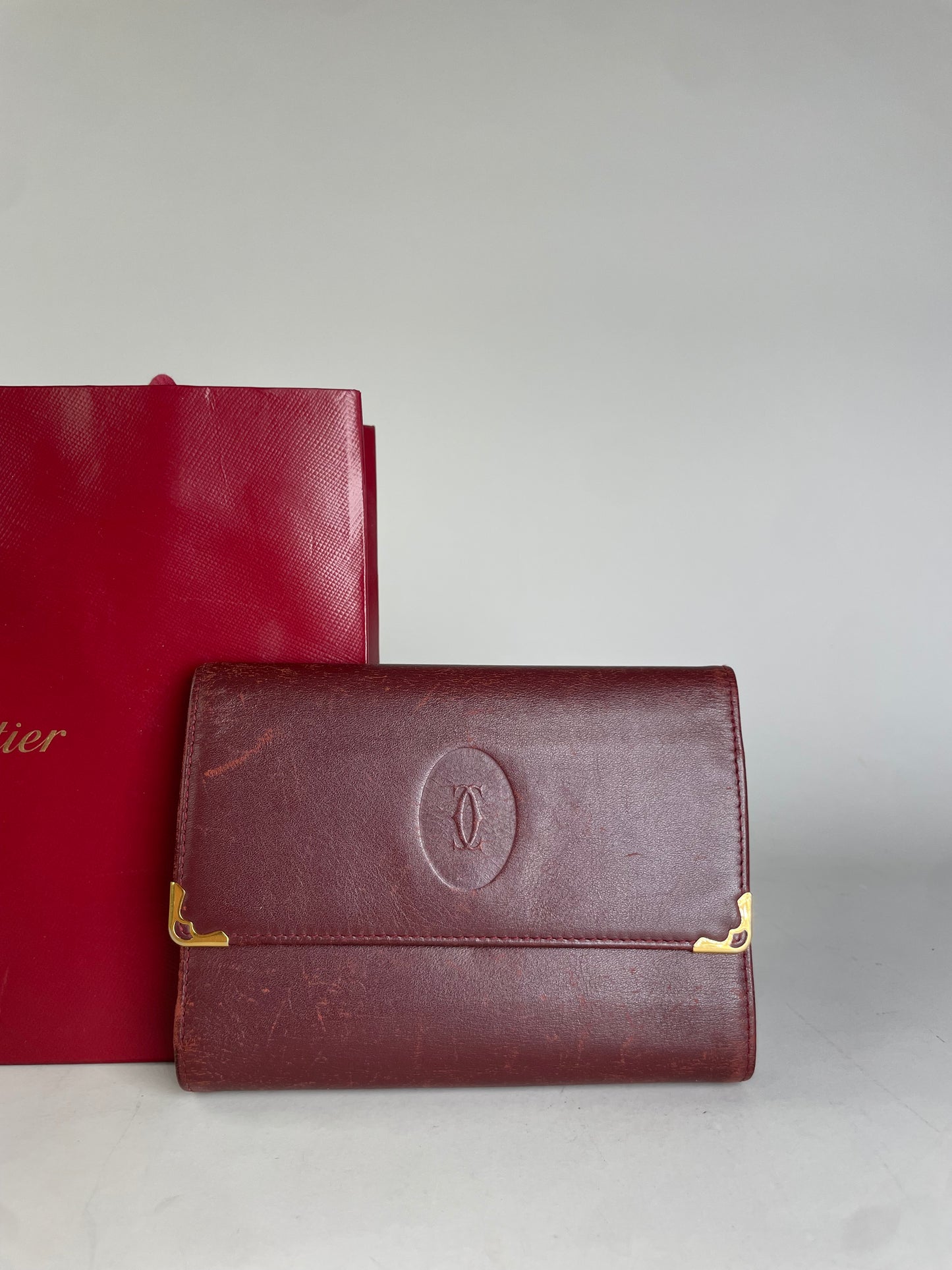 Vintage Cartier Leather Wallet Burgundy Gold Clasp