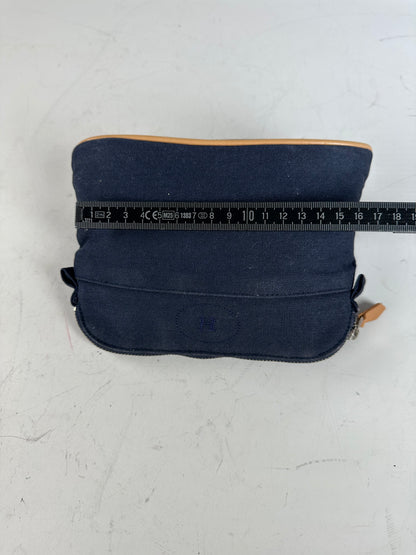 Vintage Hermes Canvas Pouch Navy Leather Trim Silver