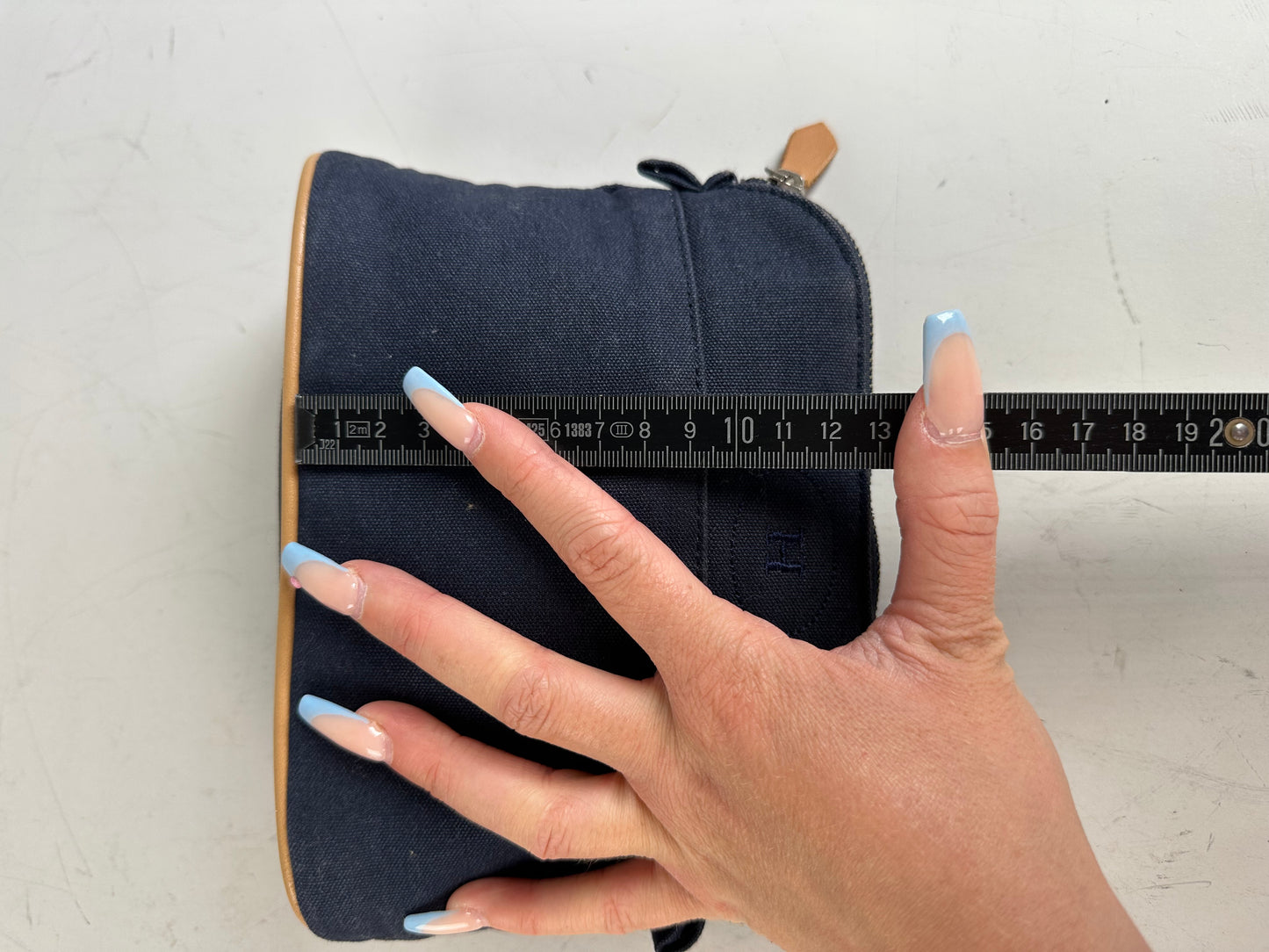 Vintage Hermes Canvas Pouch Navy Leather Trim Silver