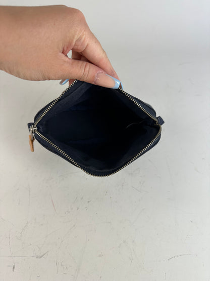 Vintage Hermes Canvas Pouch Navy Leather Trim Silver
