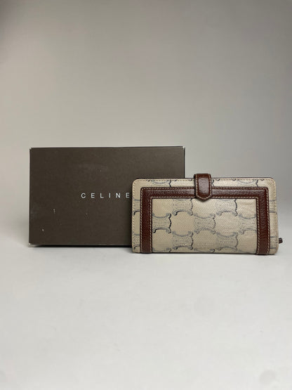 Vintage Celine Paris Triomphe Monogram Leather Wallet White Brown