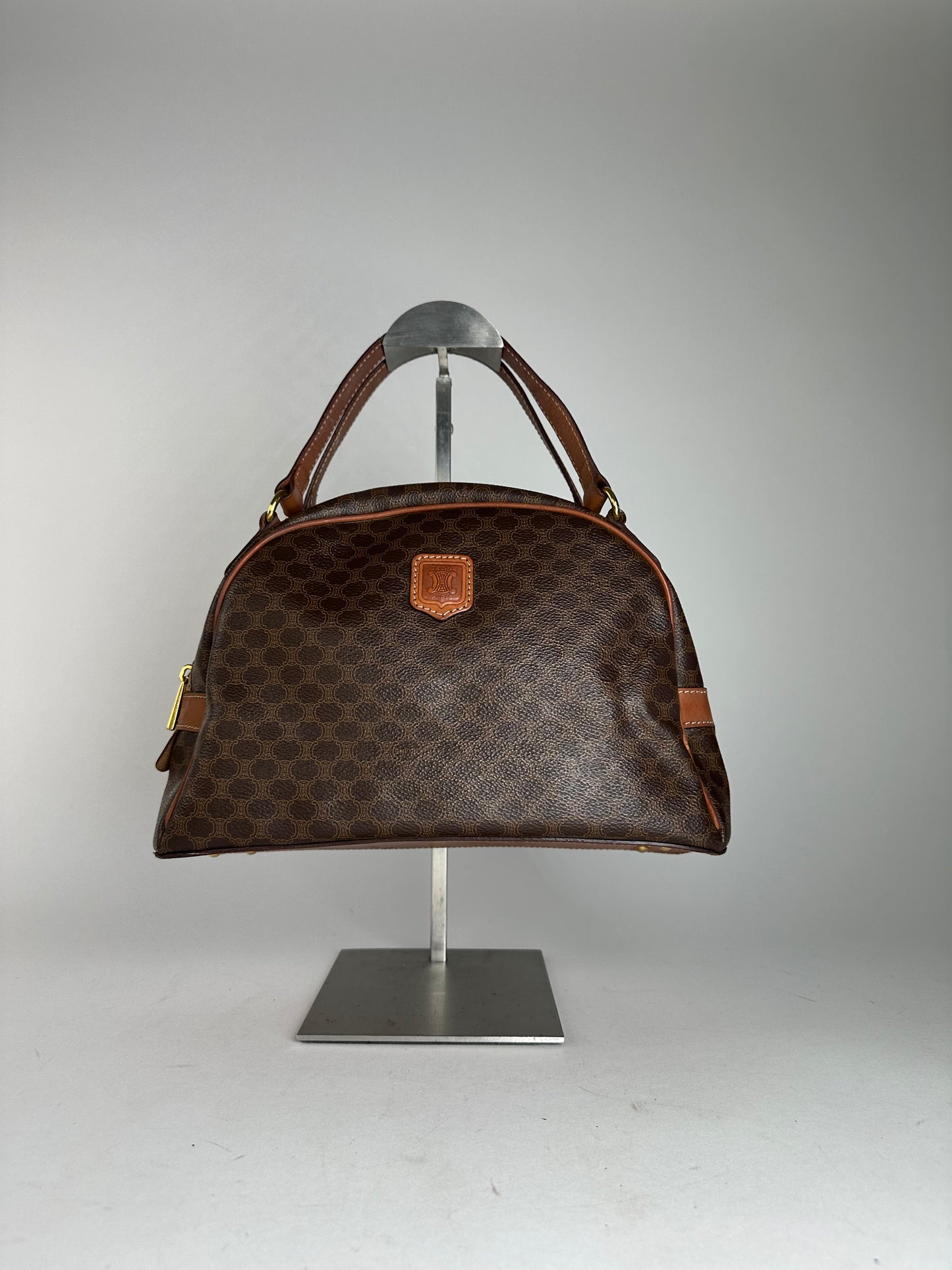 Vintage Celine Paris Triomphe Monogram Leather Handbag Brown