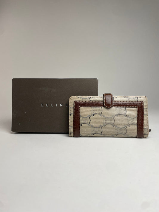 Vintage Celine Paris Triomphe Monogram Leather Wallet White Brown