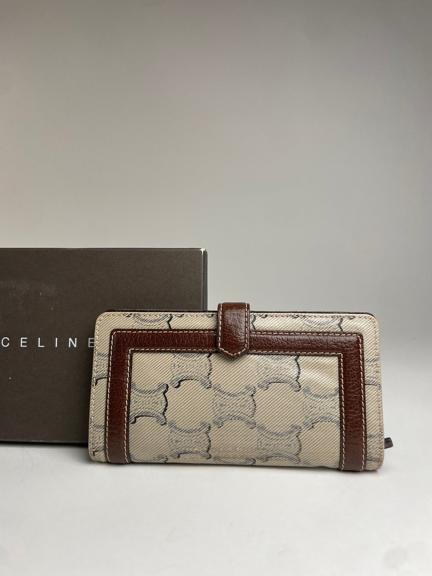 Vintage Celine Paris Triomphe Monogram Leather Wallet White Brown