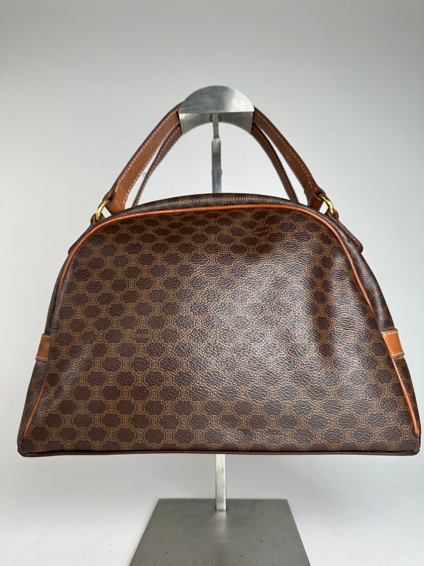 Vintage Celine Paris Triomphe Monogram Leather Handbag Brown